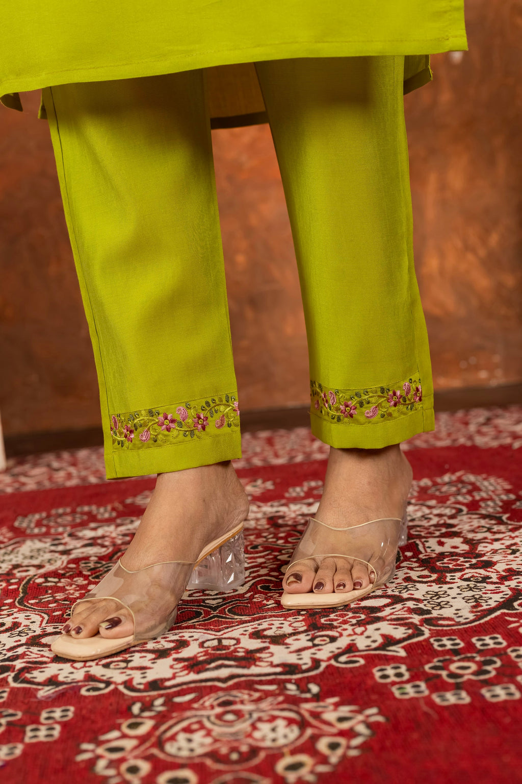 Lorenvalley Fashion Parrotgreen Marina Silk Multi Embroidery Thread with Hand work Kurta Pant Dupatta - Distacart