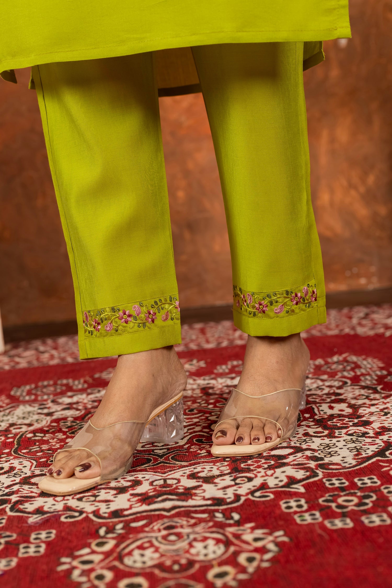 Lorenvalley Fashion Parrotgreen Marina Silk Multi Embroidery Thread with Hand work Kurta Pant Dupatta - Distacart