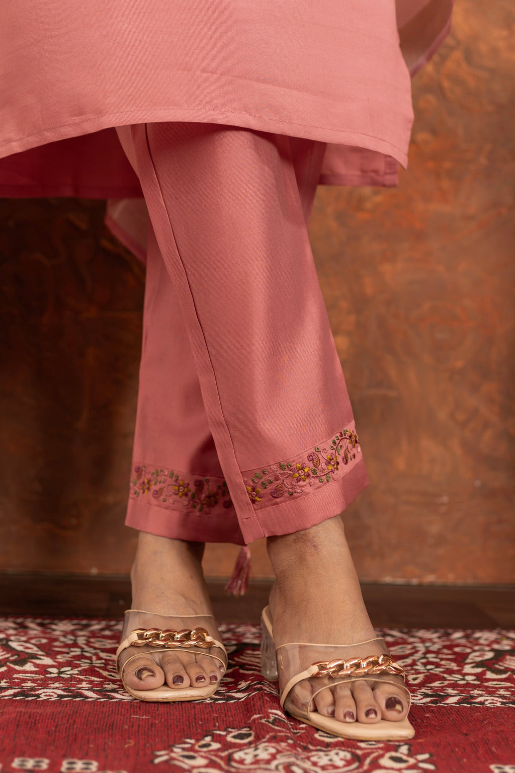 Lorenvalley Fashion Peach Marina Silk Multi Embroidery Thread with Hand work Kurta Pant Dupatta - Distacart