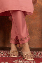 Lorenvalley Fashion Peach Marina Silk Multi Embroidery Thread with Hand work Kurta Pant Dupatta - Distacart
