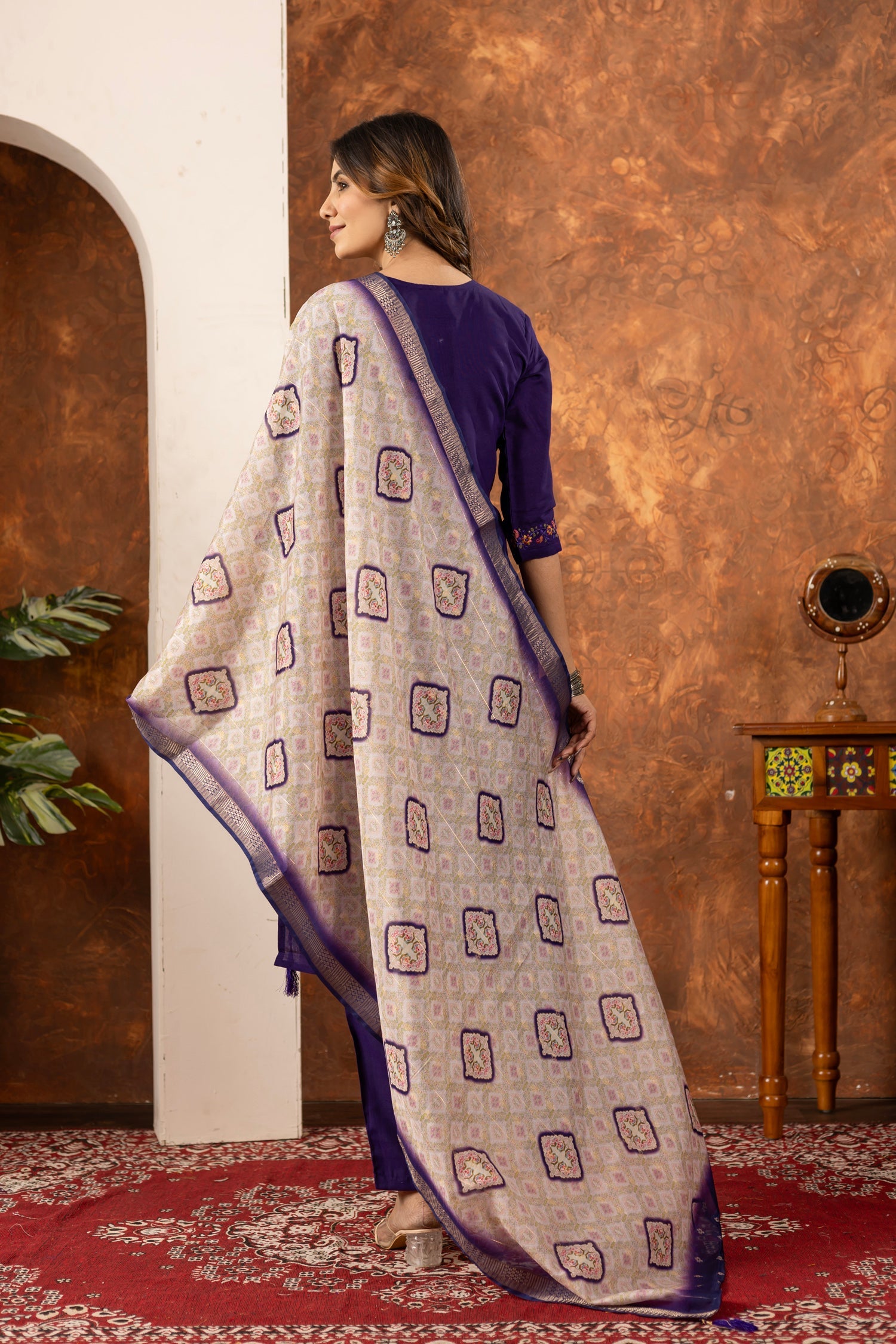 Lorenvalley Fashion Purple Marina Silk Multi Embroidery Thread with Hand work Kurta Pant Dupatta - Distacart
