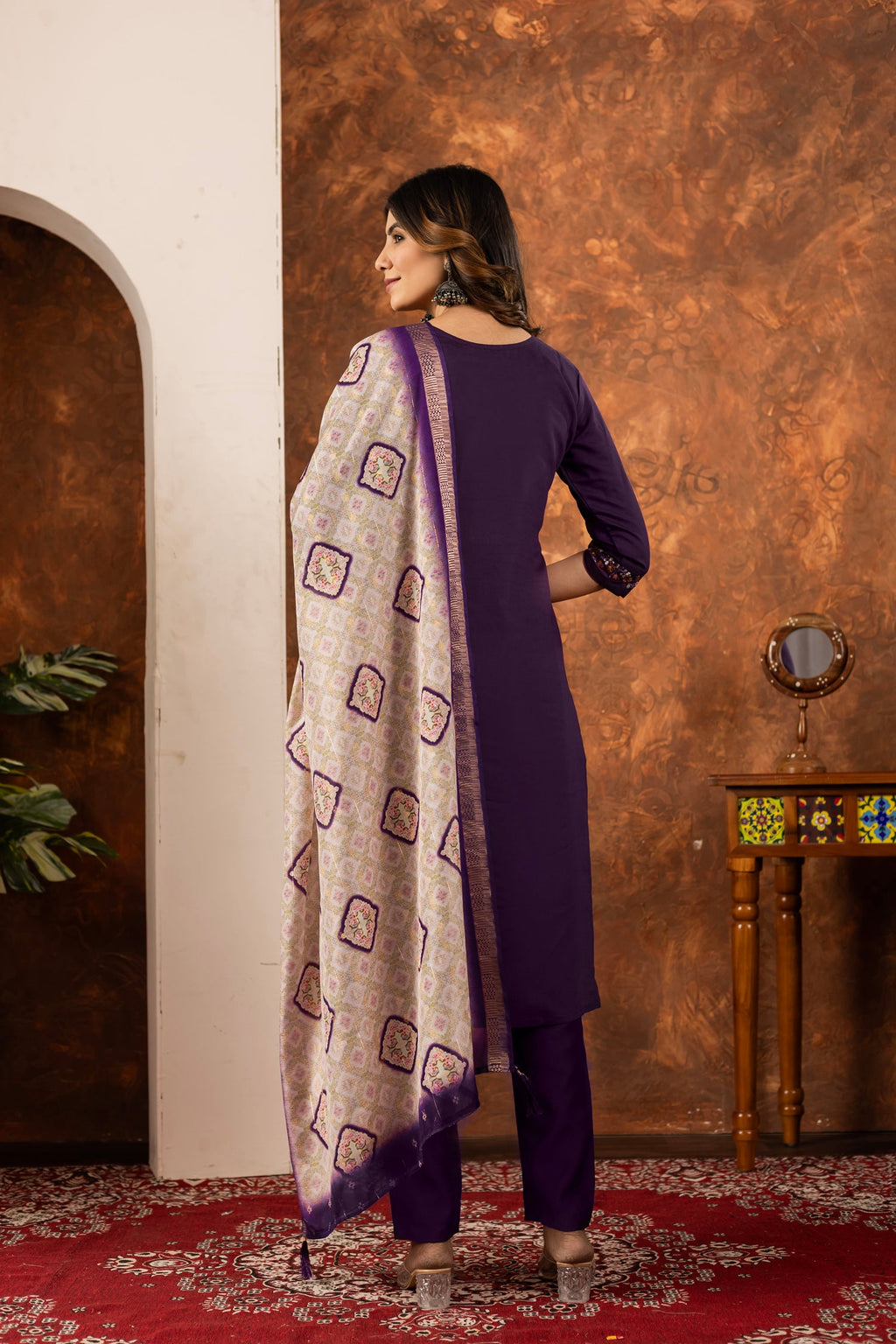 Lorenvalley Fashion Wine Marina Silk Multi Embroidery Thread with Hand work Kurta Pant Dupatta - Distacart