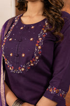Lorenvalley Fashion Wine Marina Silk Multi Embroidery Thread with Hand work Kurta Pant Dupatta - Distacart