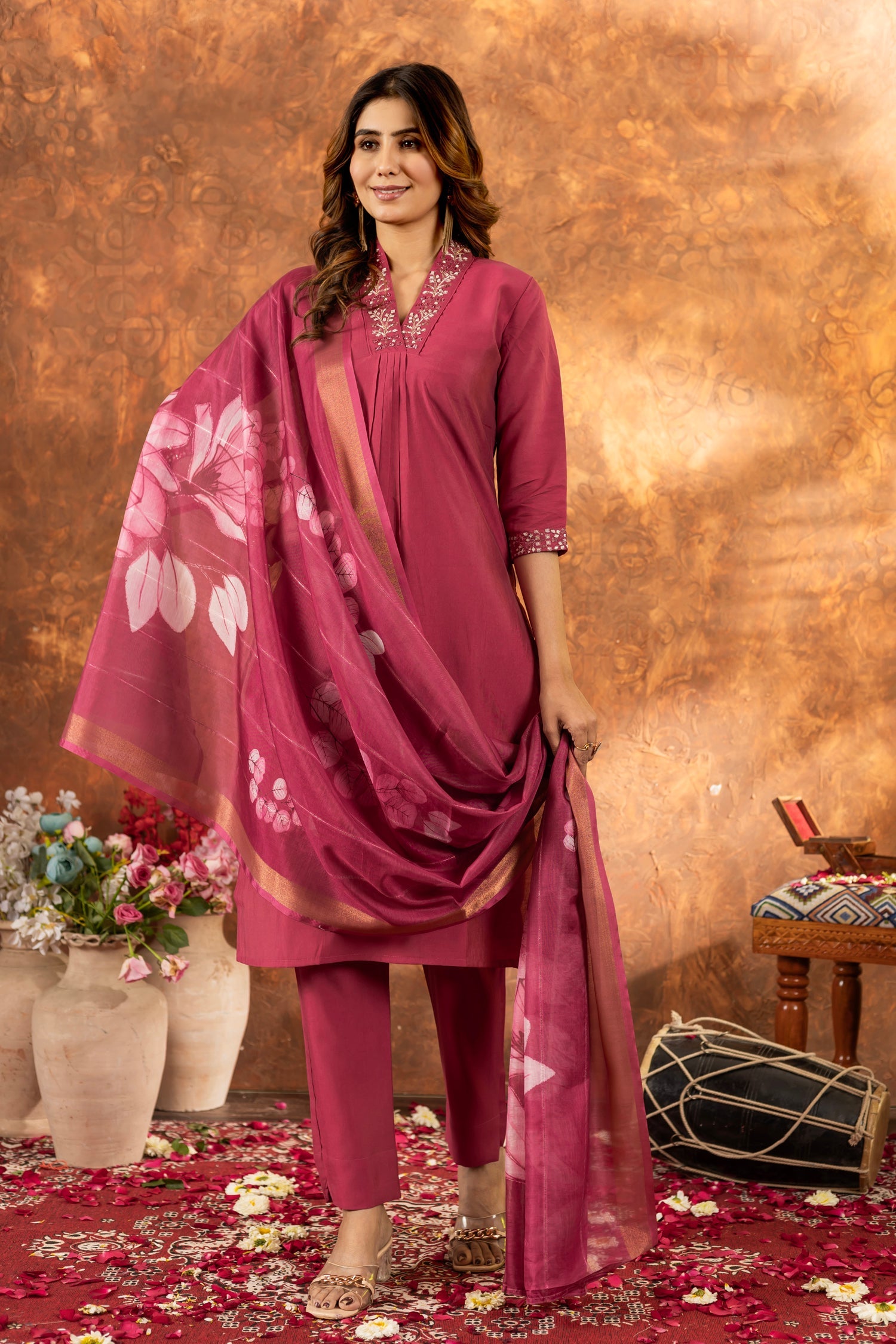 Lorenvalley Fashion Gajari Roman Silk Embroidery Sequins with Hand work Kurta Pant Dupatta - Distacart