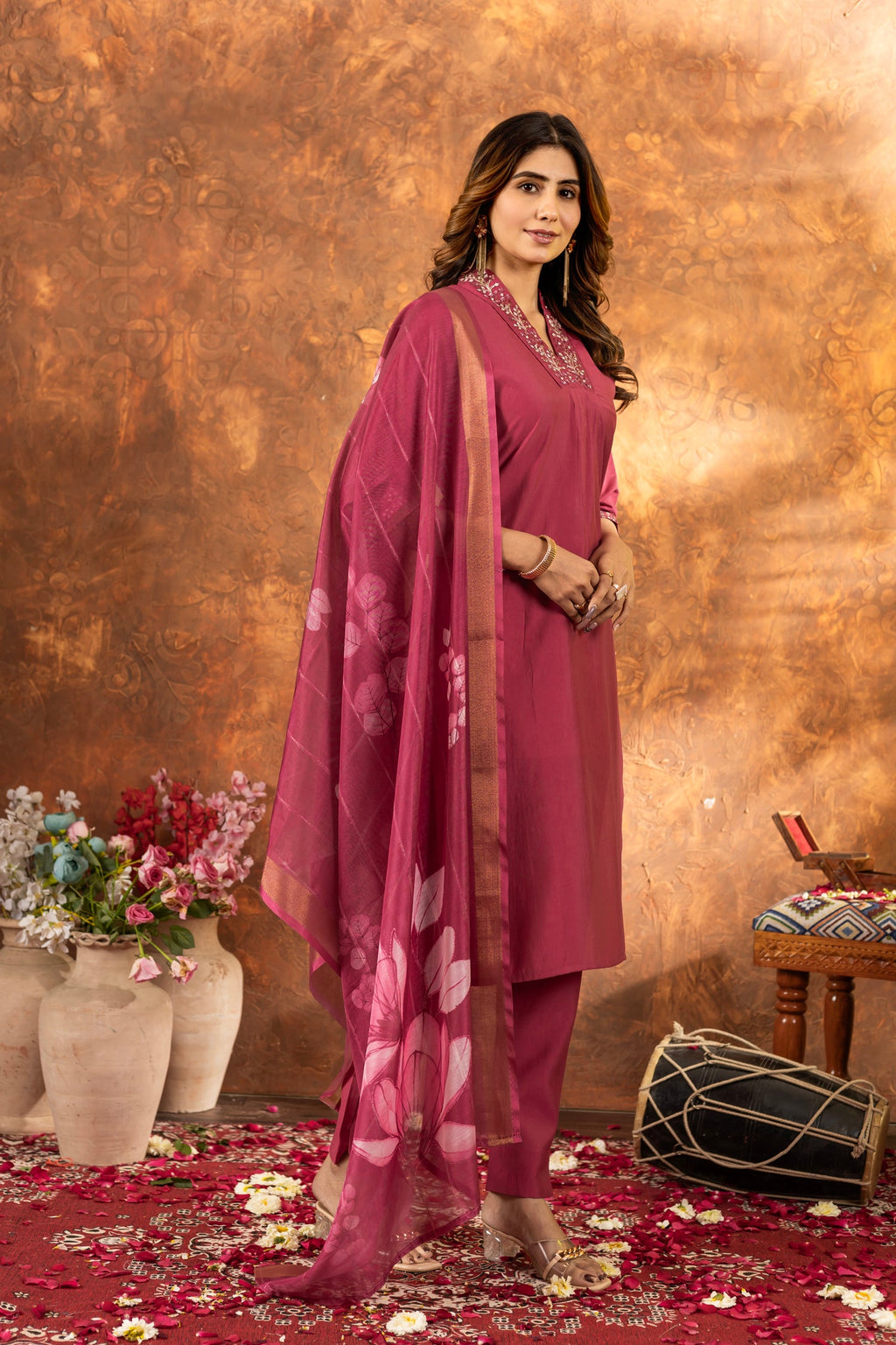 Lorenvalley Fashion Gajari Roman Silk Embroidery Sequins with Hand work Kurta Pant Dupatta - Distacart