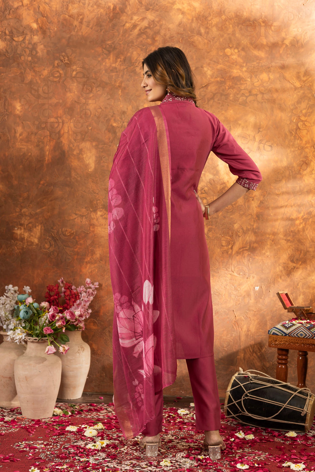 Lorenvalley Fashion Gajari Roman Silk Embroidery Sequins with Hand work Kurta Pant Dupatta - Distacart