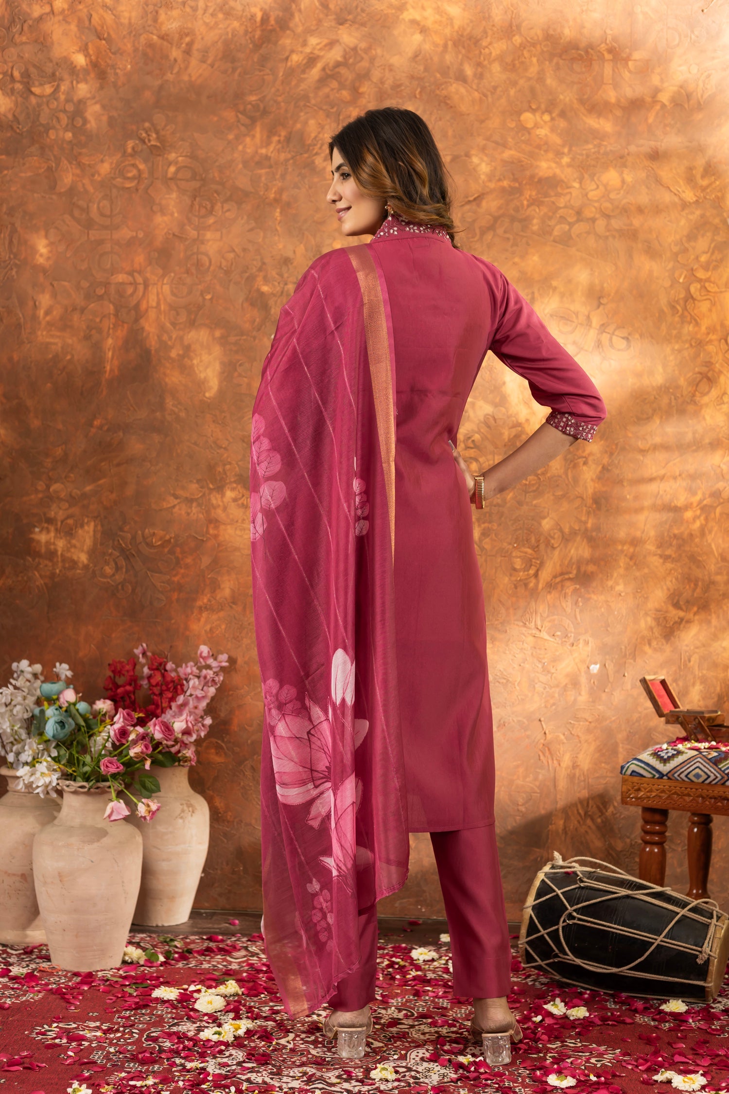 Lorenvalley Fashion Gajari Roman Silk Embroidery Sequins with Hand work Kurta Pant Dupatta - Distacart
