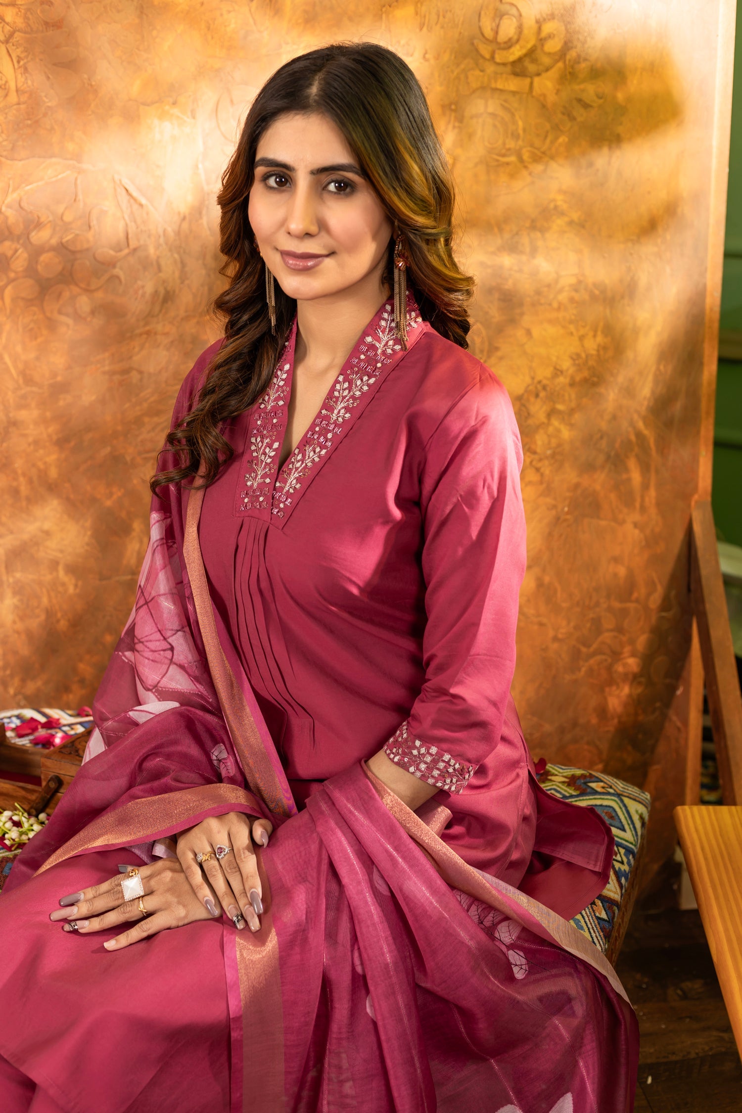 Lorenvalley Fashion Gajari Roman Silk Embroidery Sequins with Hand work Kurta Pant Dupatta - Distacart