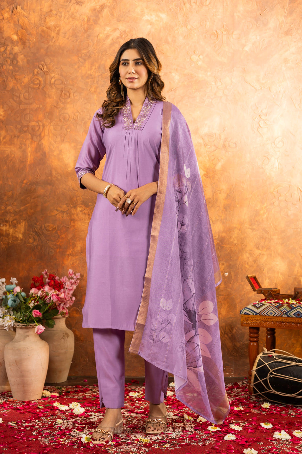 Lorenvalley Fashion Lavender Roman Silk Embroidery Sequins with Hand work Kurta Pant Dupatta - Distacart