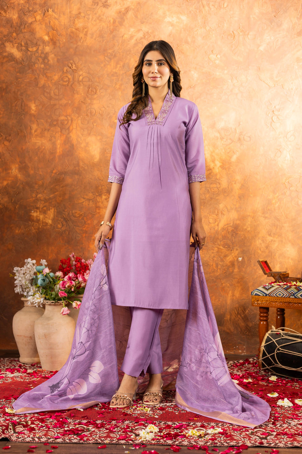 Lorenvalley Fashion Lavender Roman Silk Embroidery Sequins with Hand work Kurta Pant Dupatta - Distacart