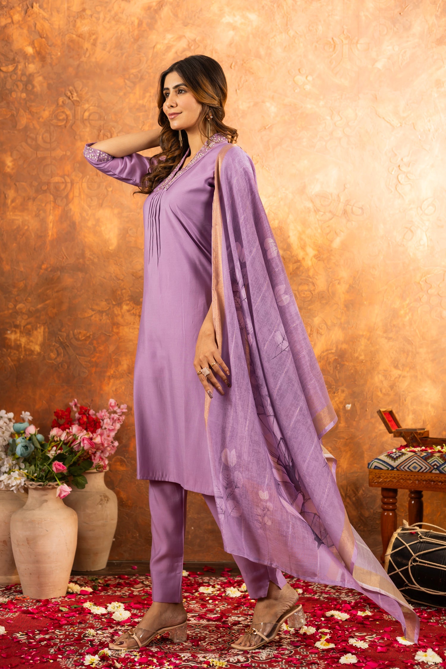 Lorenvalley Fashion Lavender Roman Silk Embroidery Sequins with Hand work Kurta Pant Dupatta - Distacart