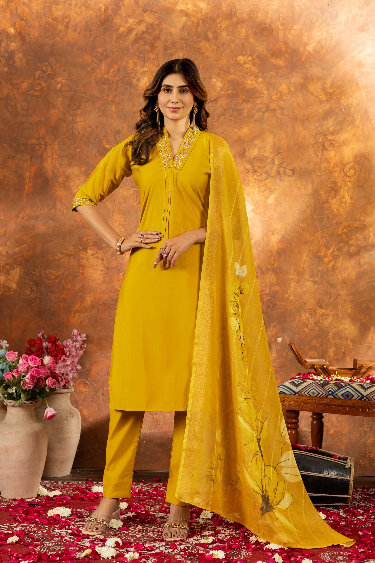 Lorenvalley Fashion Mustard Roman Silk Embroidery Sequins with Hand work Kurta Pant Dupatta - Distacart