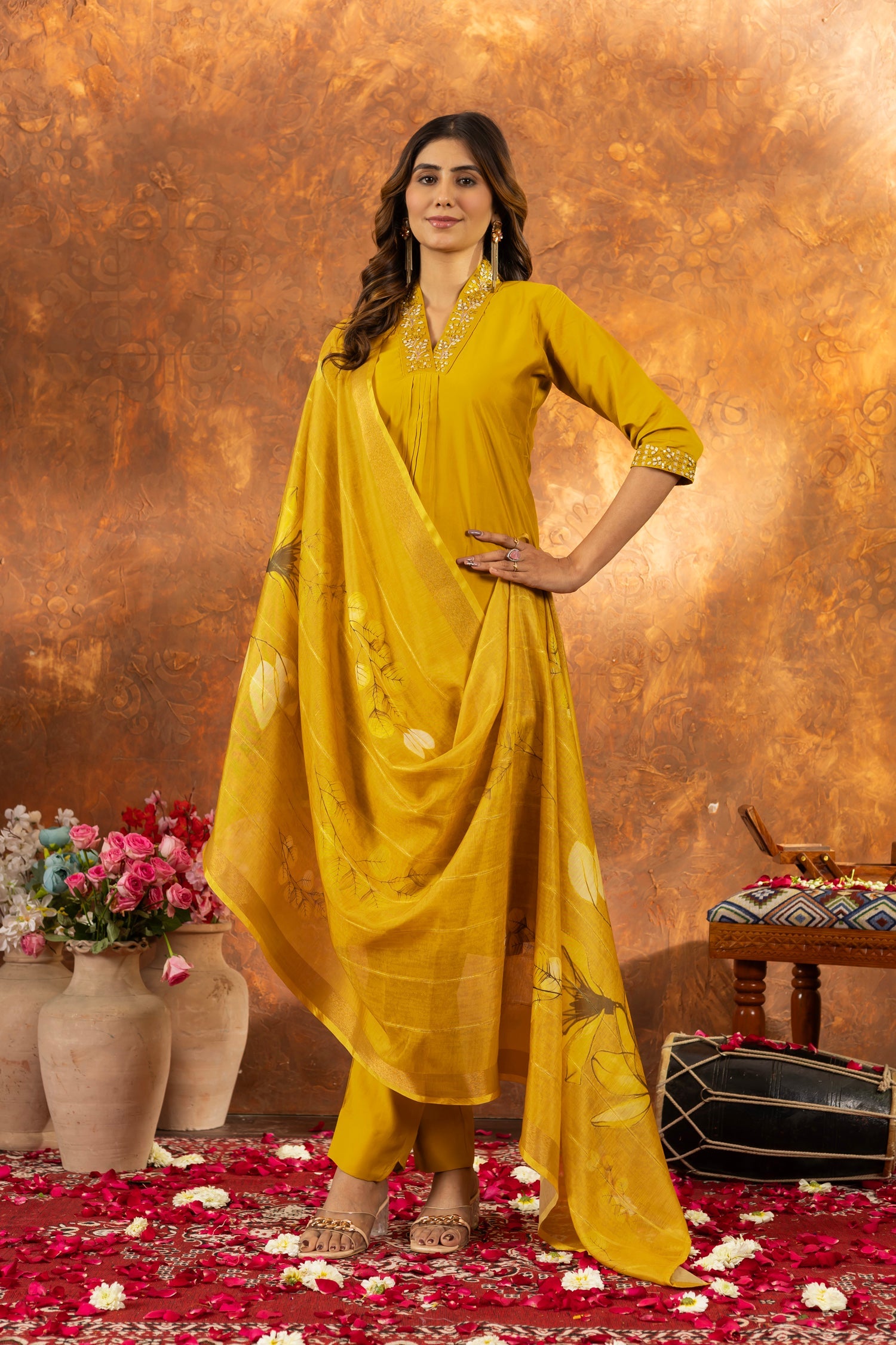 Lorenvalley Fashion Mustard Roman Silk Embroidery Sequins with Hand work Kurta Pant Dupatta - Distacart