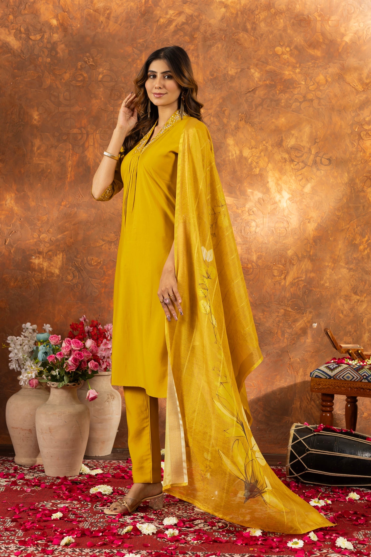 Lorenvalley Fashion Mustard Roman Silk Embroidery Sequins with Hand work Kurta Pant Dupatta - Distacart