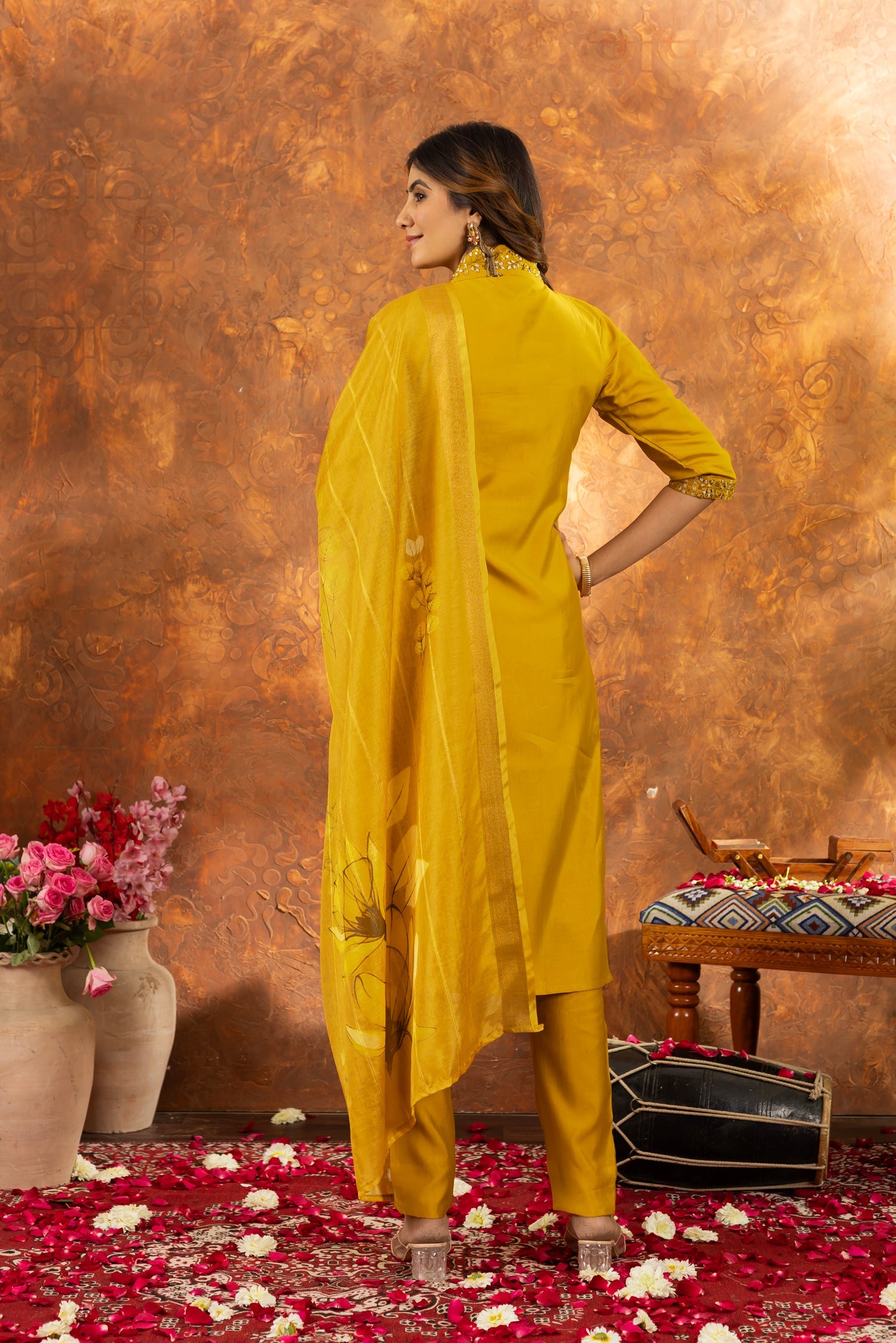 Lorenvalley Fashion Mustard Roman Silk Embroidery Sequins with Hand work Kurta Pant Dupatta - Distacart