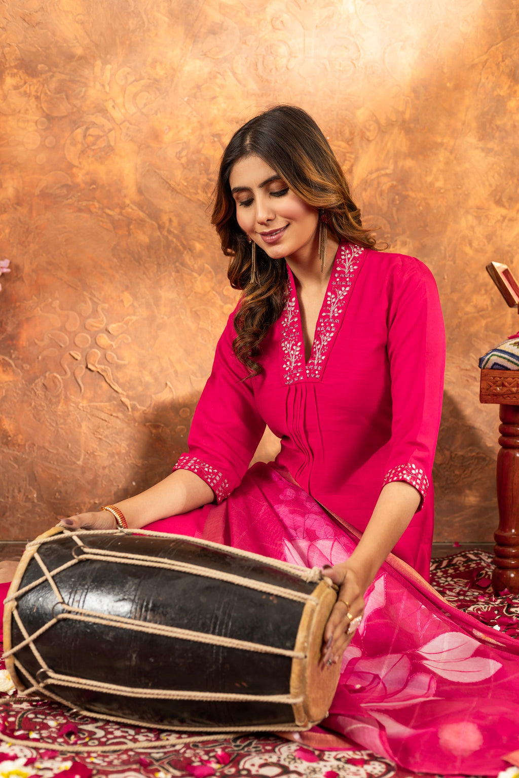 Lorenvalley Fashion Pink Roman Silk Embroidery Sequins with Hand work Kurta Pant Dupatta - Distacart