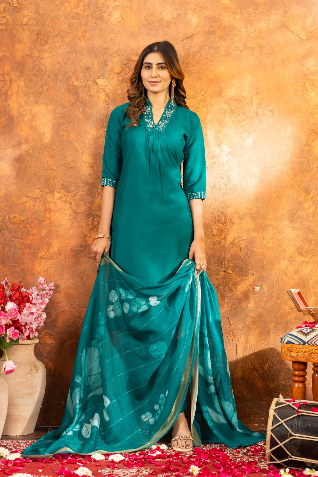 Lorenvalley Fashion Rama Roman Silk Embroidery Sequins with Hand work Kurta Pant Dupatta - Distacart