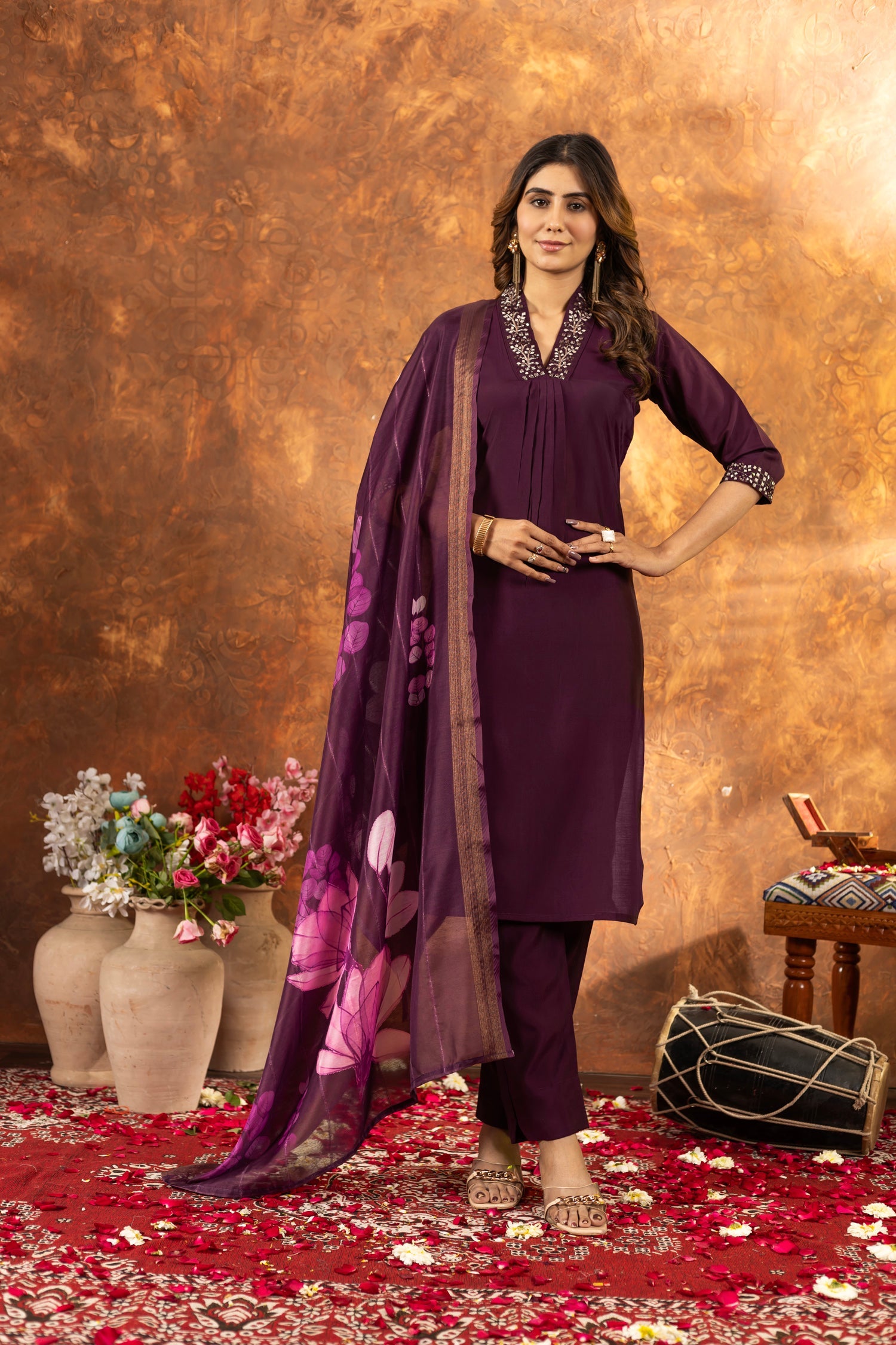 Lorenvalley Fashion Wine Roman Silk Embroidery Sequins with Hand work Kurta Pant Dupatta - Distacart