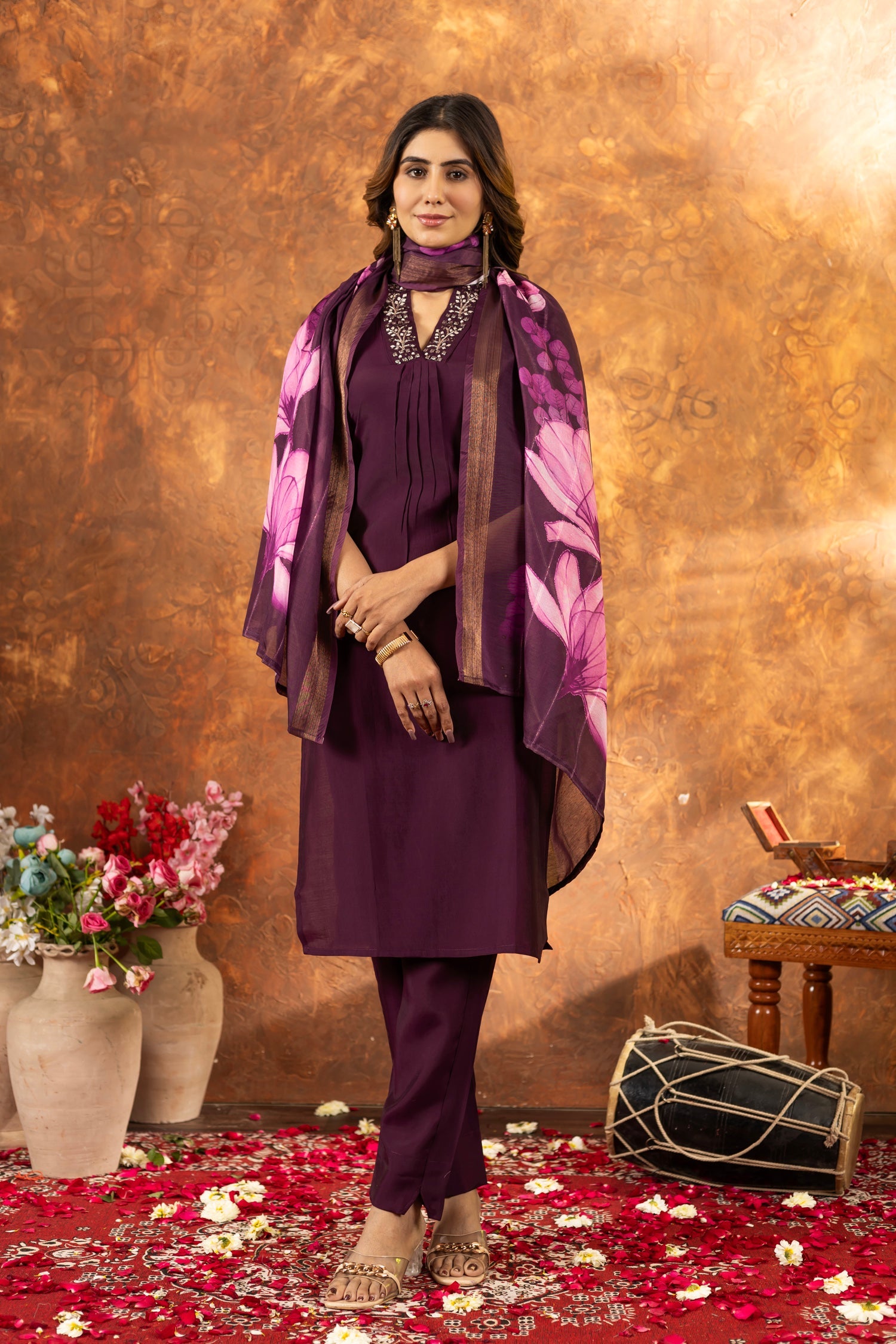 Lorenvalley Fashion Wine Roman Silk Embroidery Sequins with Hand work Kurta Pant Dupatta - Distacart