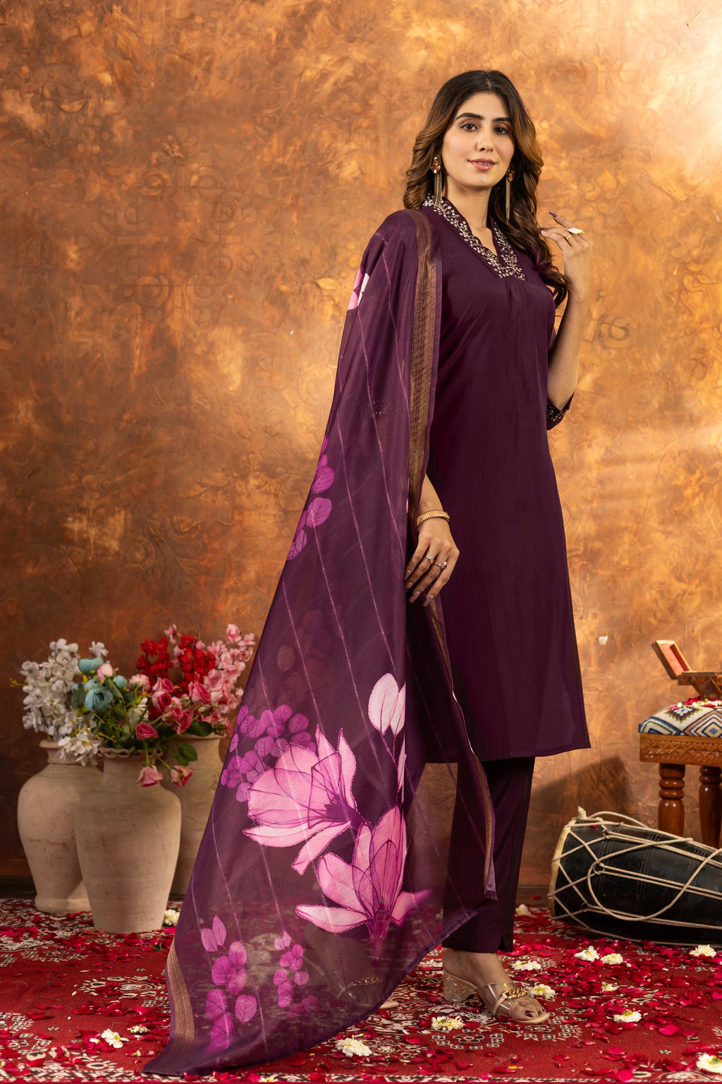 Lorenvalley Fashion Wine Roman Silk Embroidery Sequins with Hand work Kurta Pant Dupatta - Distacart