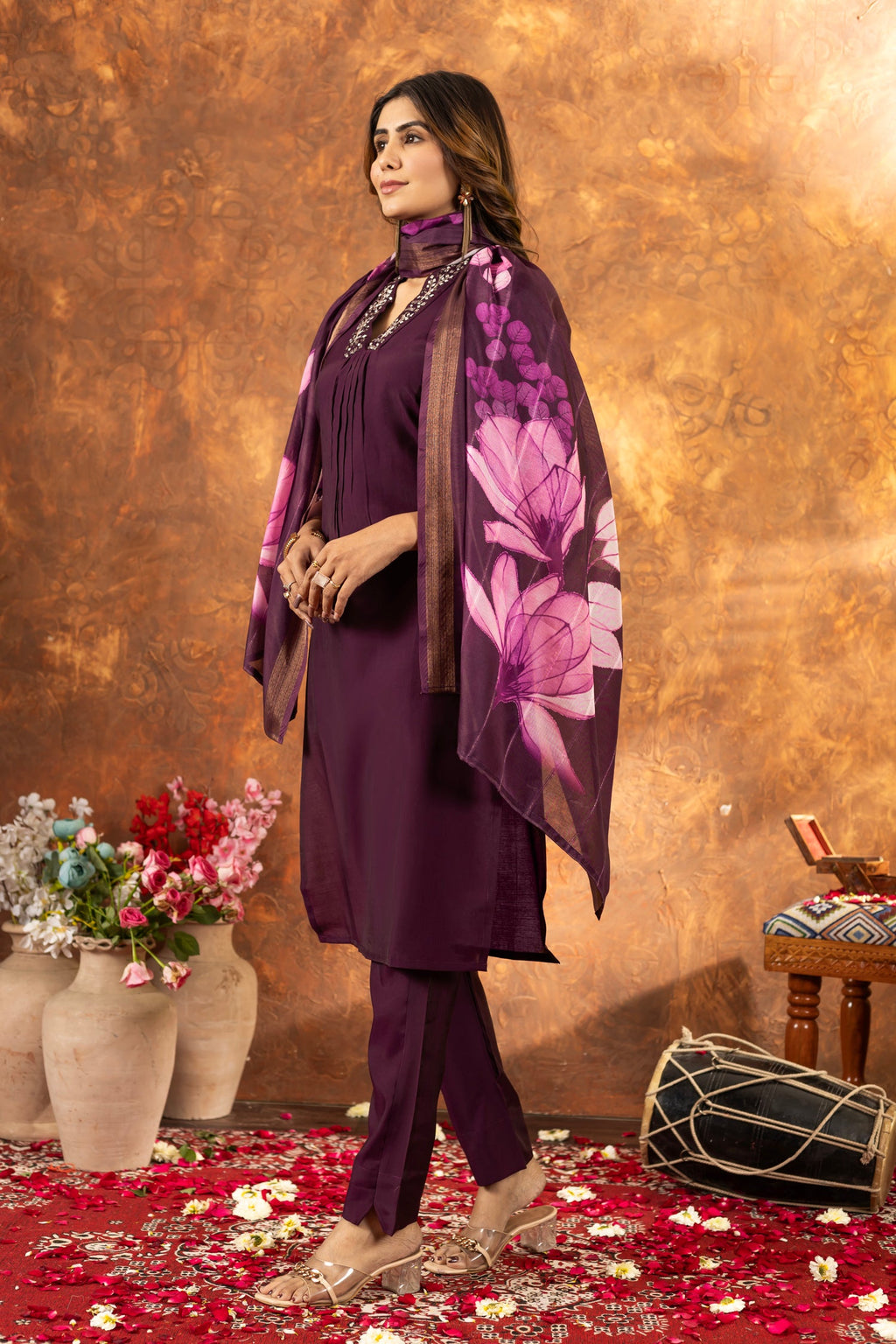 Lorenvalley Fashion Wine Roman Silk Embroidery Sequins with Hand work Kurta Pant Dupatta - Distacart