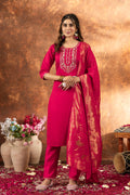 Lorenvalley Fashion Pink Marina Silk Multi Embroidery Thread with Hand work Kurta Pant Dupatta - Distacart