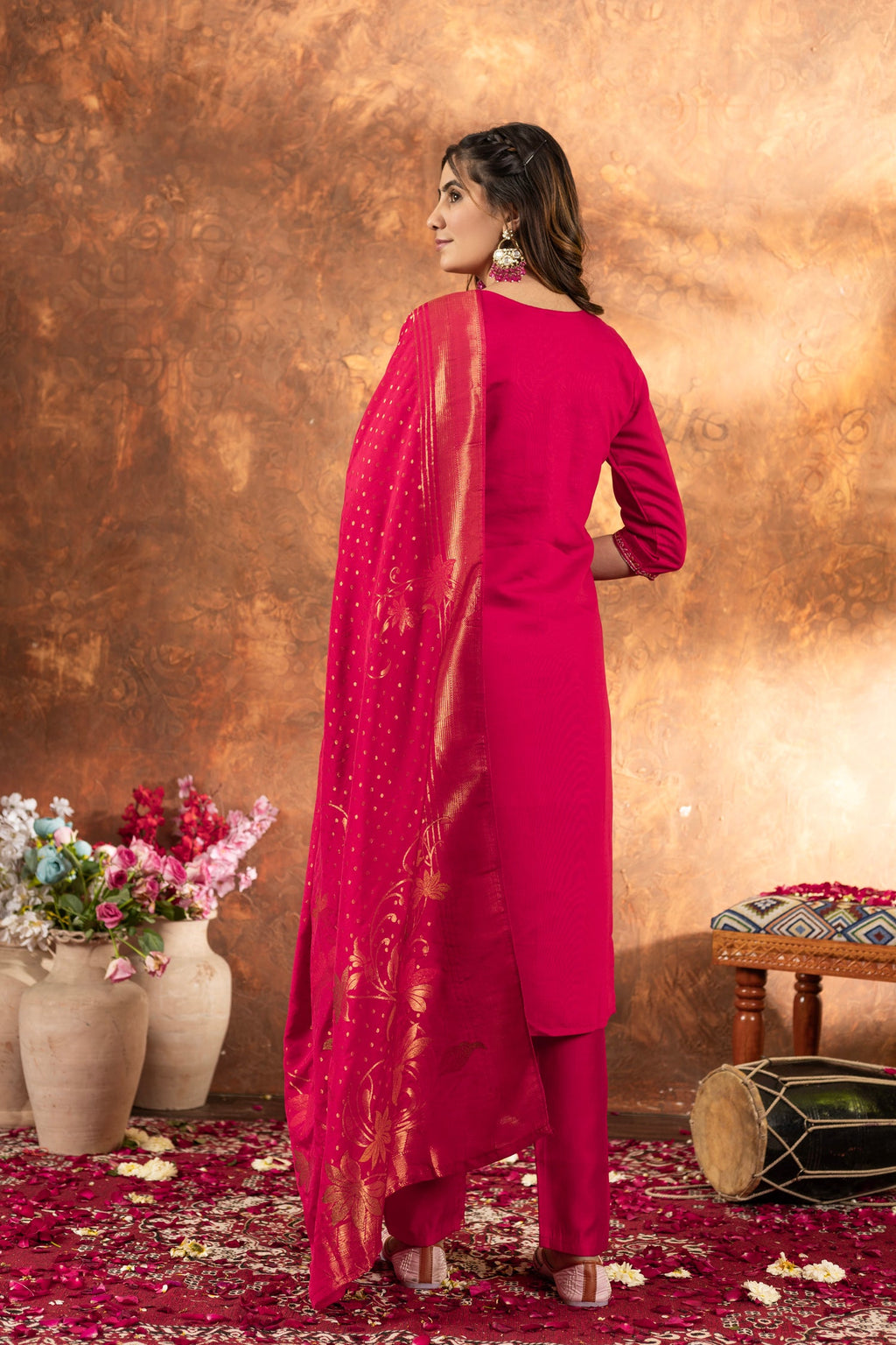 Lorenvalley Fashion Pink Marina Silk Multi Embroidery Thread with Hand work Kurta Pant Dupatta - Distacart