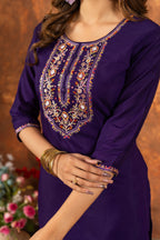 Lorenvalley Fashion Purple Marina Silk Multi Embroidery Thread with Hand work Kurta Pant Dupatta - Distacart