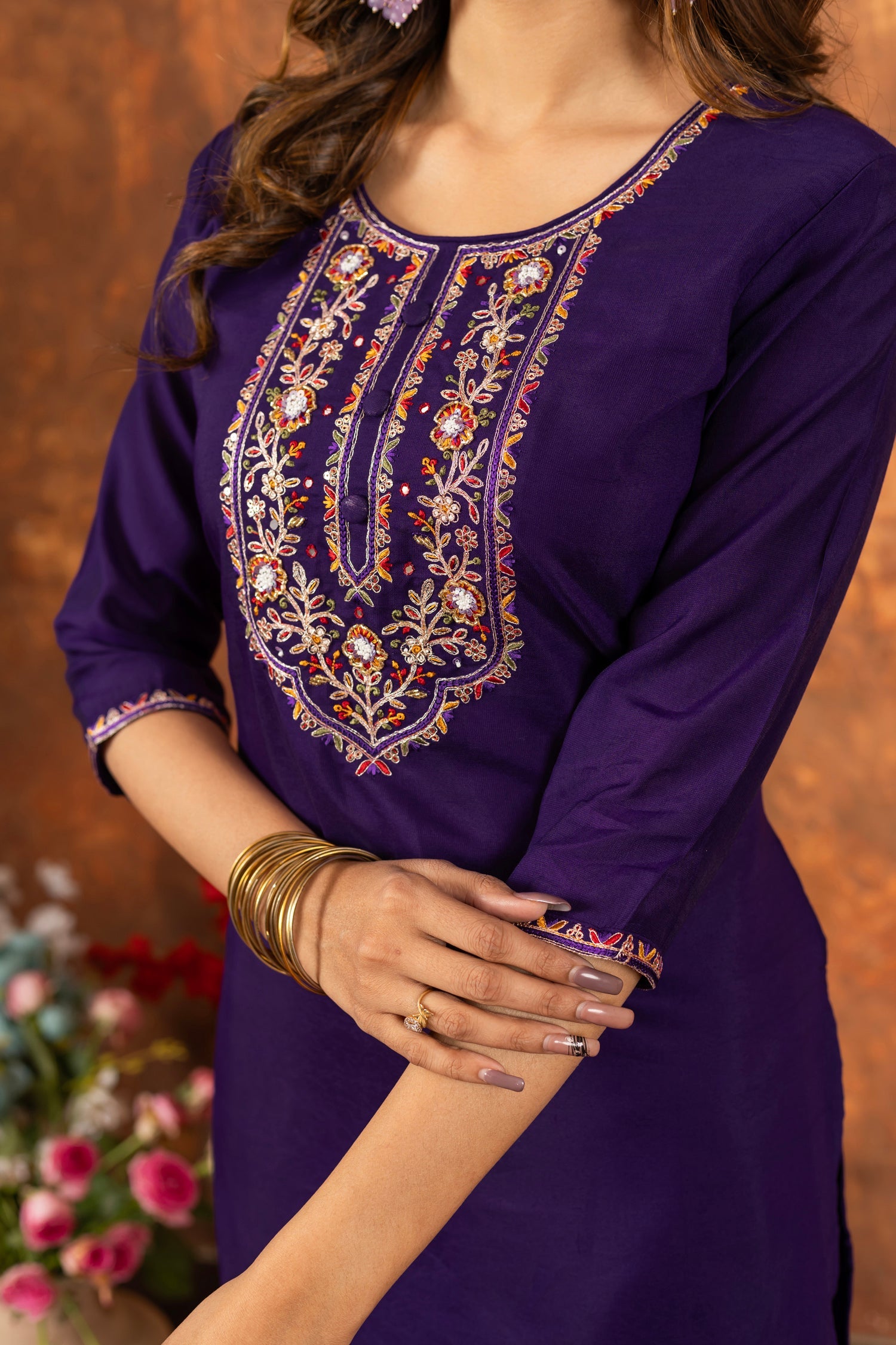 Lorenvalley Fashion Purple Marina Silk Multi Embroidery Thread with Hand work Kurta Pant Dupatta - Distacart