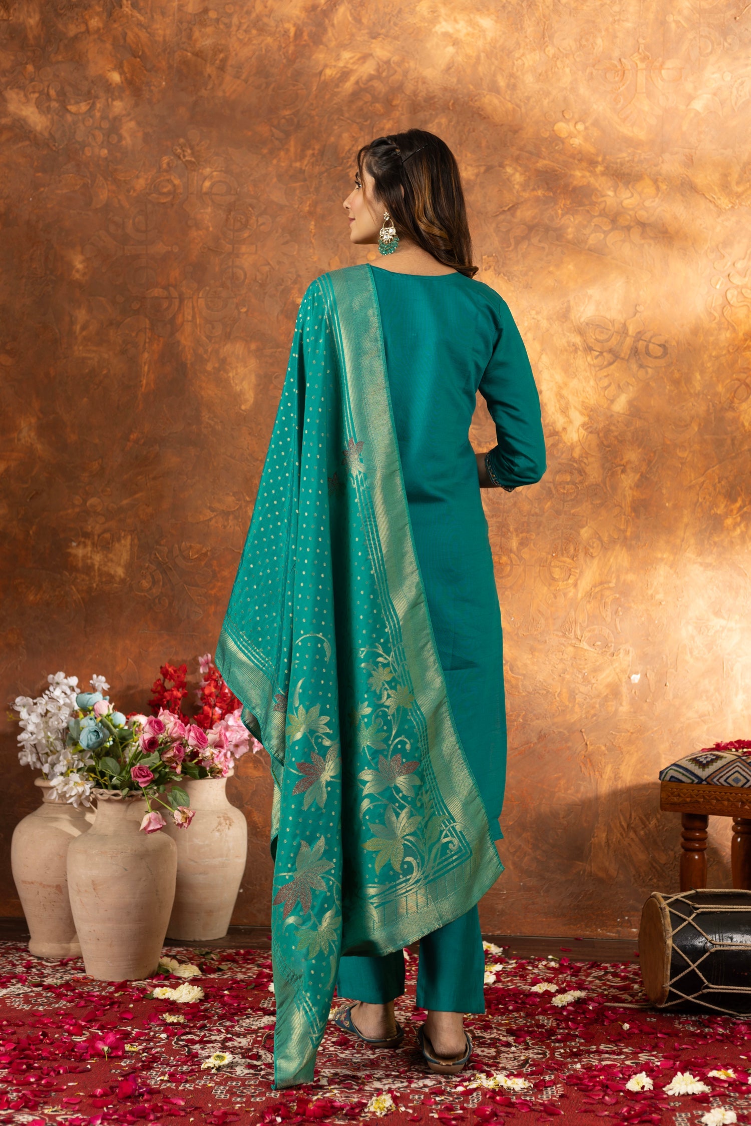 Lorenvalley Fashion Rama Marina Silk Multi Embroidery Thread with Hand work Kurta Pant Dupatta - Distacart