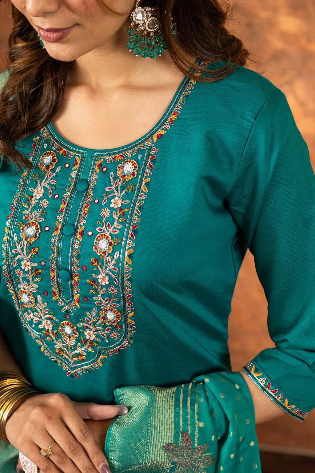 Lorenvalley Fashion Rama Marina Silk Multi Embroidery Thread with Hand work Kurta Pant Dupatta - Distacart