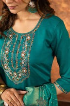 Lorenvalley Fashion Rama Marina Silk Multi Embroidery Thread with Hand work Kurta Pant Dupatta - Distacart