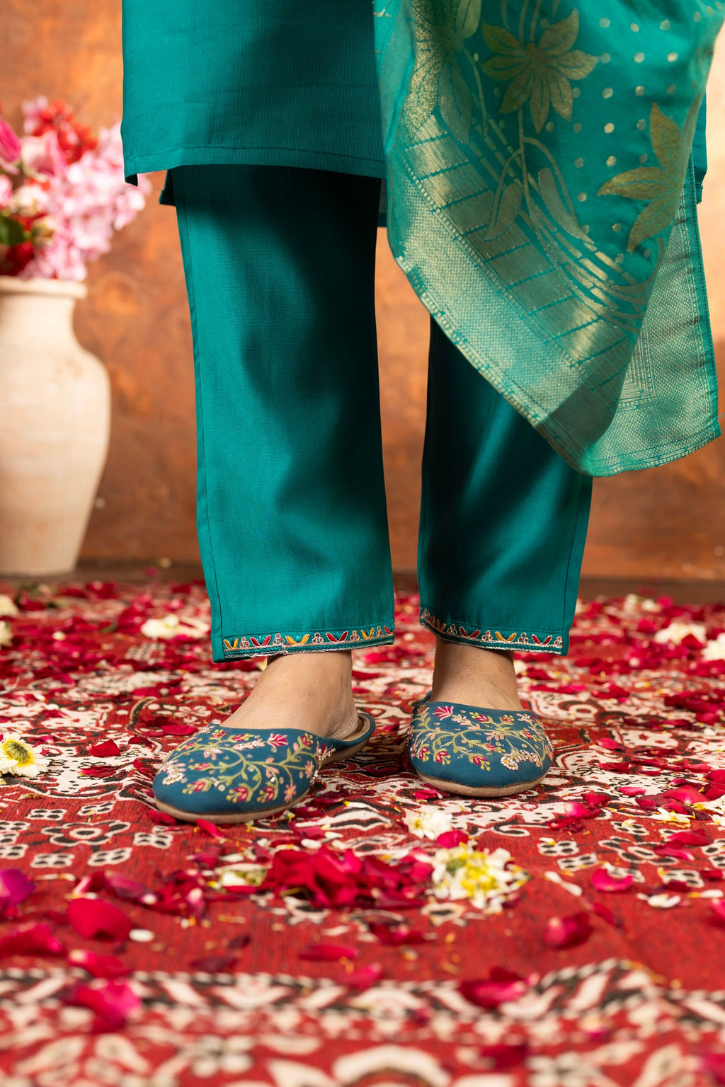 Lorenvalley Fashion Rama Marina Silk Multi Embroidery Thread with Hand work Kurta Pant Dupatta - Distacart