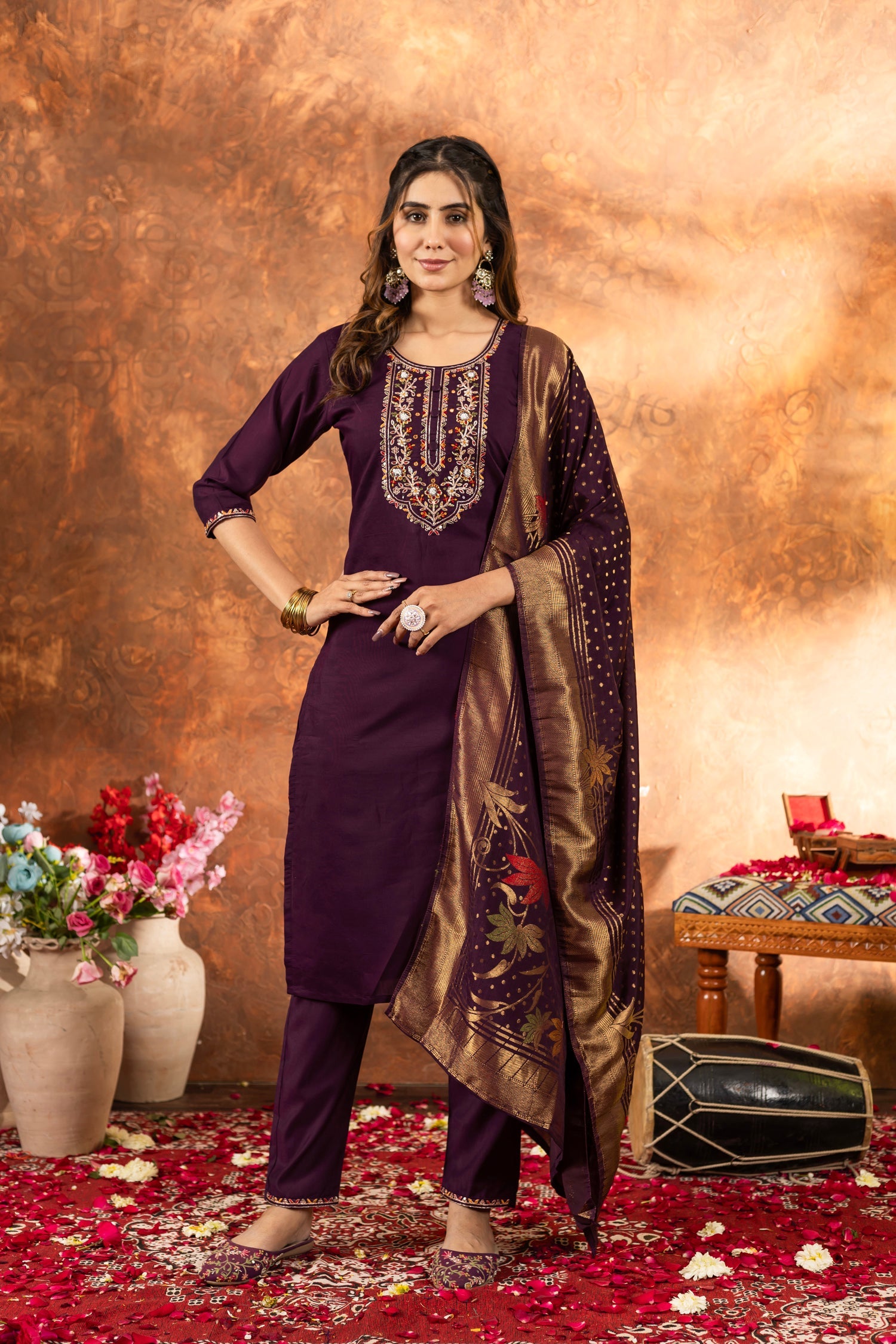 Lorenvalley Fashion Wine Marina Silk Multi Embroidery Thread with Hand work Kurta Pant Dupatta - Distacart