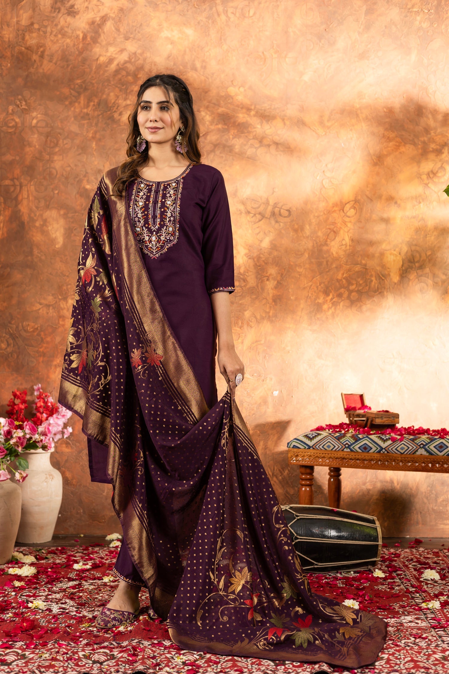 Lorenvalley Fashion Wine Marina Silk Multi Embroidery Thread with Hand work Kurta Pant Dupatta - Distacart