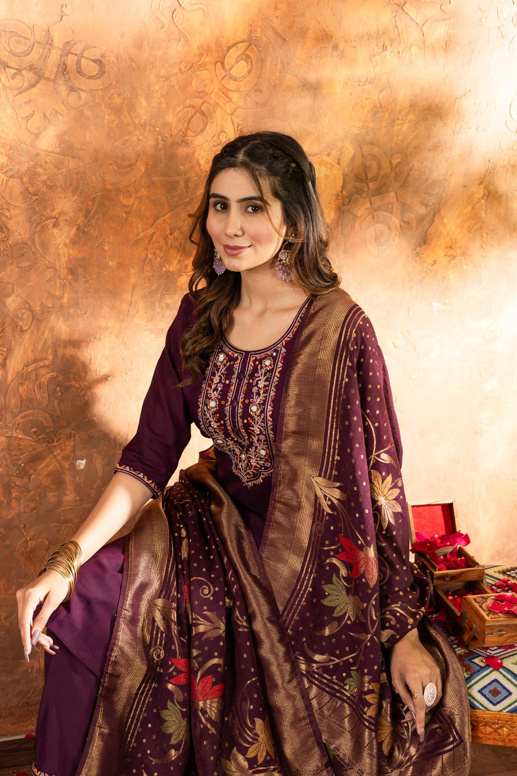 Lorenvalley Fashion Wine Marina Silk Multi Embroidery Thread with Hand work Kurta Pant Dupatta - Distacart