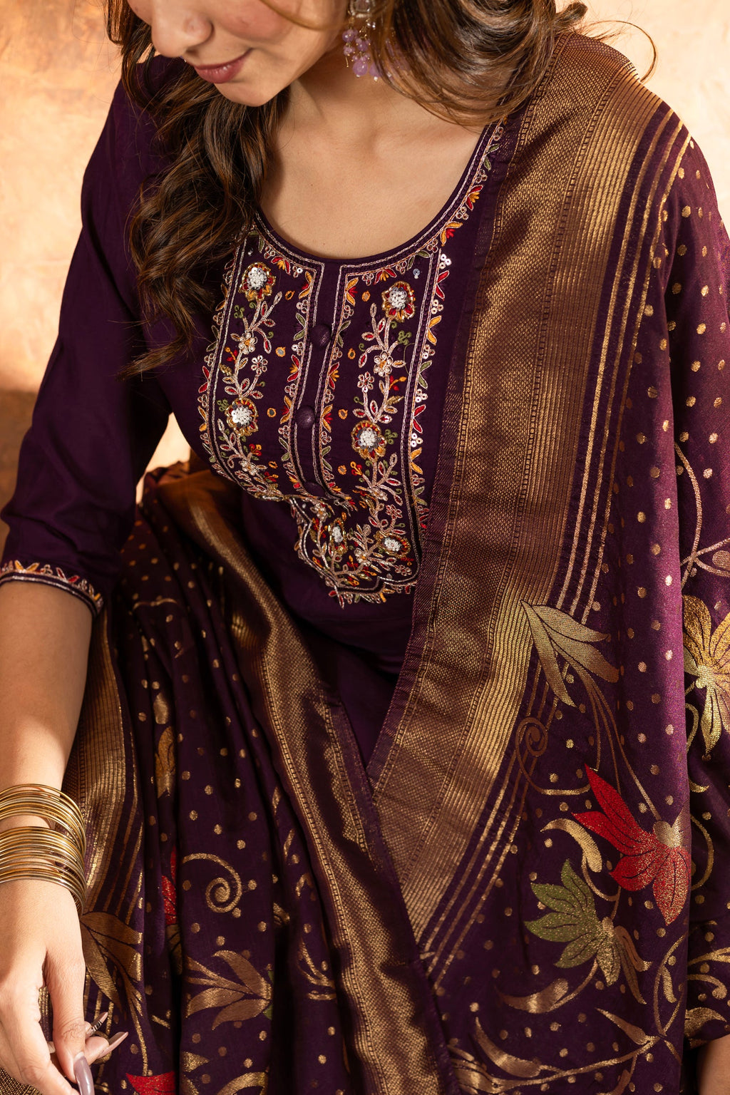 Lorenvalley Fashion Wine Marina Silk Multi Embroidery Thread with Hand work Kurta Pant Dupatta - Distacart
