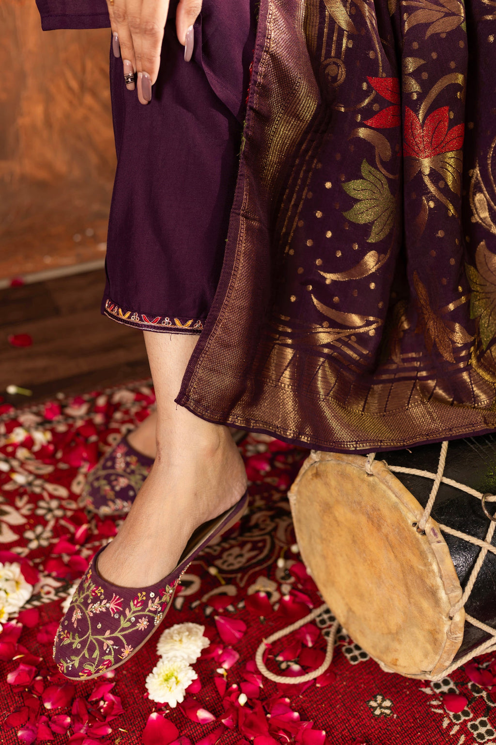Lorenvalley Fashion Wine Marina Silk Multi Embroidery Thread with Hand work Kurta Pant Dupatta - Distacart
