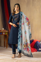 Lorenvalley Fashion Blue Viscose mango silk Multi Embroidery Thread with Hand Work Kurta Pant Dupatta - Distacart