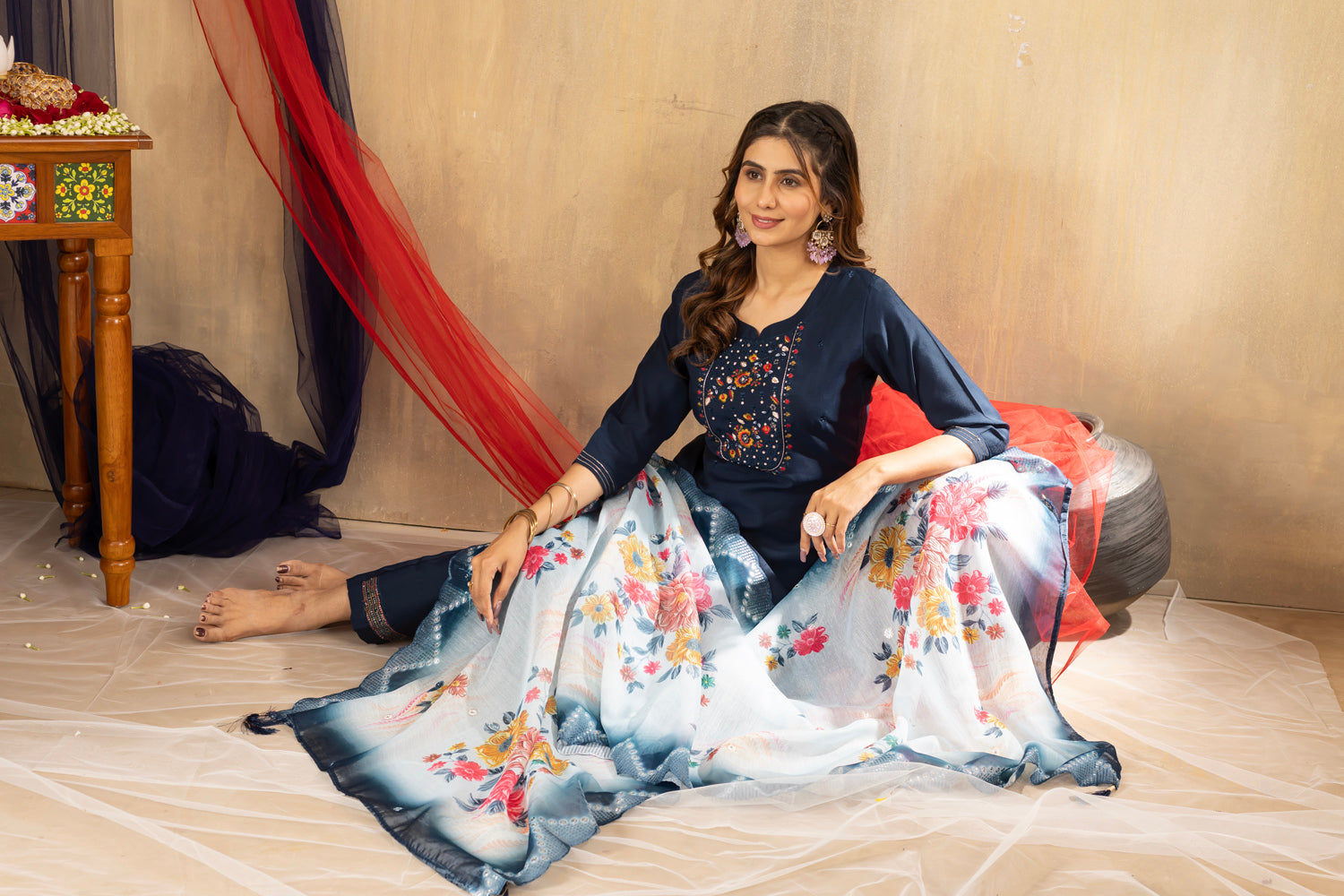 Lorenvalley Fashion Blue Viscose mango silk Multi Embroidery Thread with Hand Work Kurta Pant Dupatta - Distacart