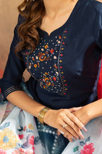 Lorenvalley Fashion Blue Viscose mango silk Multi Embroidery Thread with Hand Work Kurta Pant Dupatta - Distacart