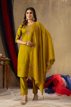 Lorenvalley Fashion Mustard Roman Silk Embroidery Sequins with Hand work Kurta Pant Dupatta - Distacart