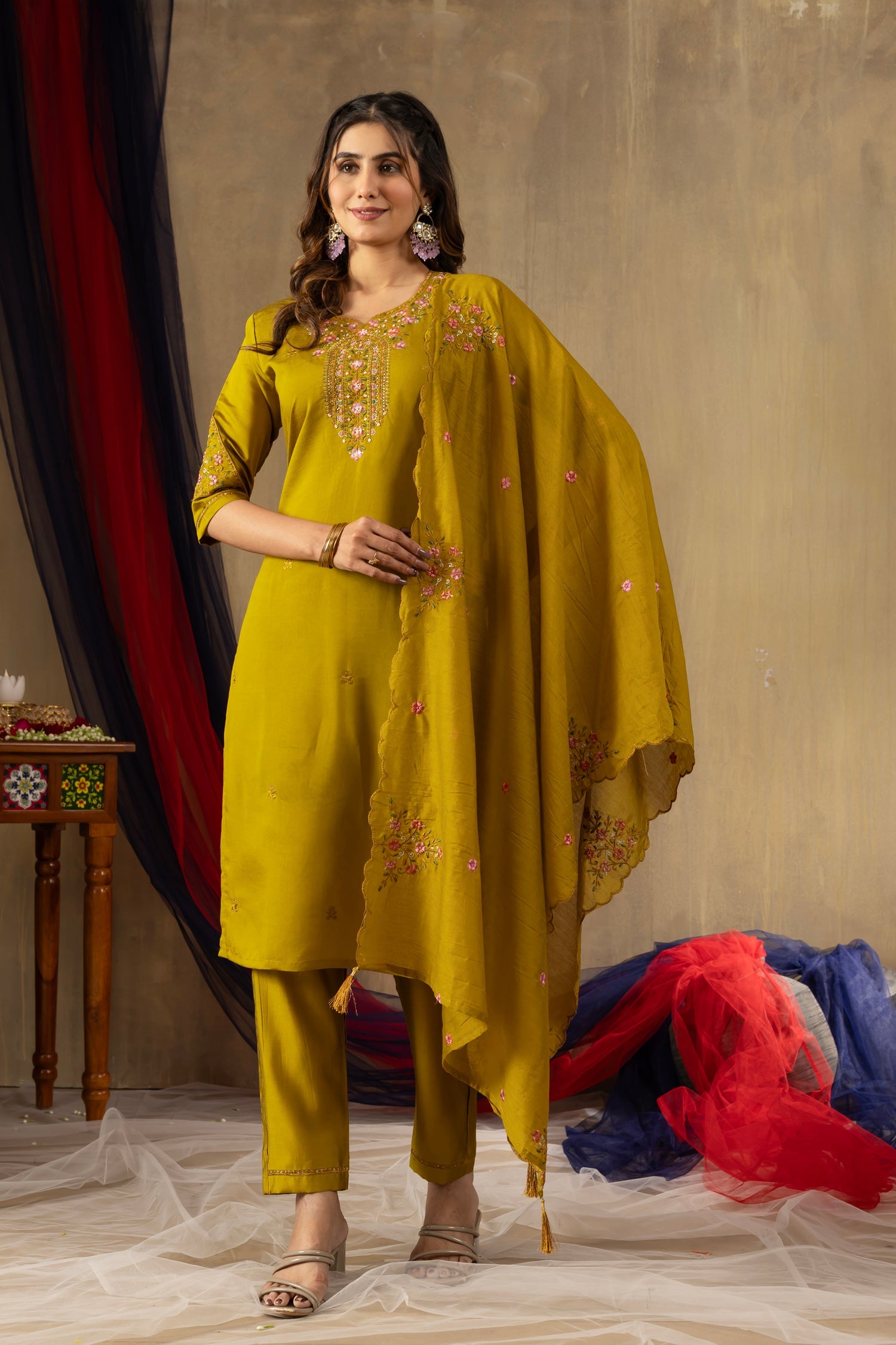 Lorenvalley Fashion Mustard Roman Silk Embroidery Sequins with Hand work Kurta Pant Dupatta - Distacart