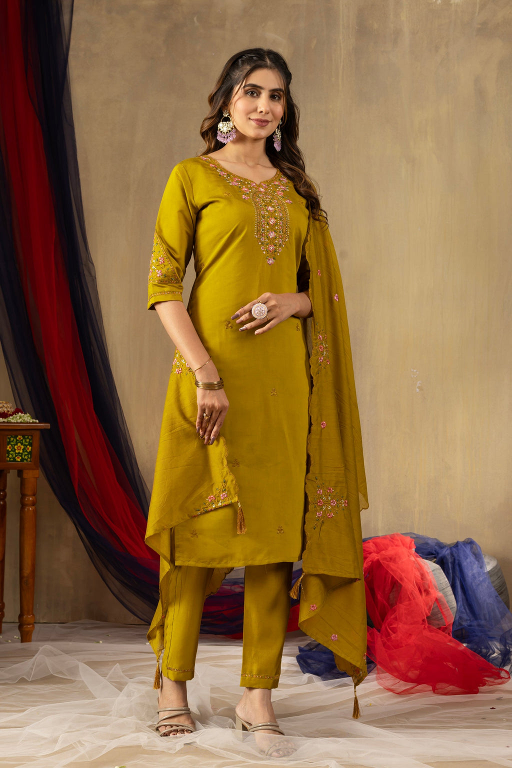 Lorenvalley Fashion Mustard Roman Silk Embroidery Sequins with Hand work Kurta Pant Dupatta - Distacart