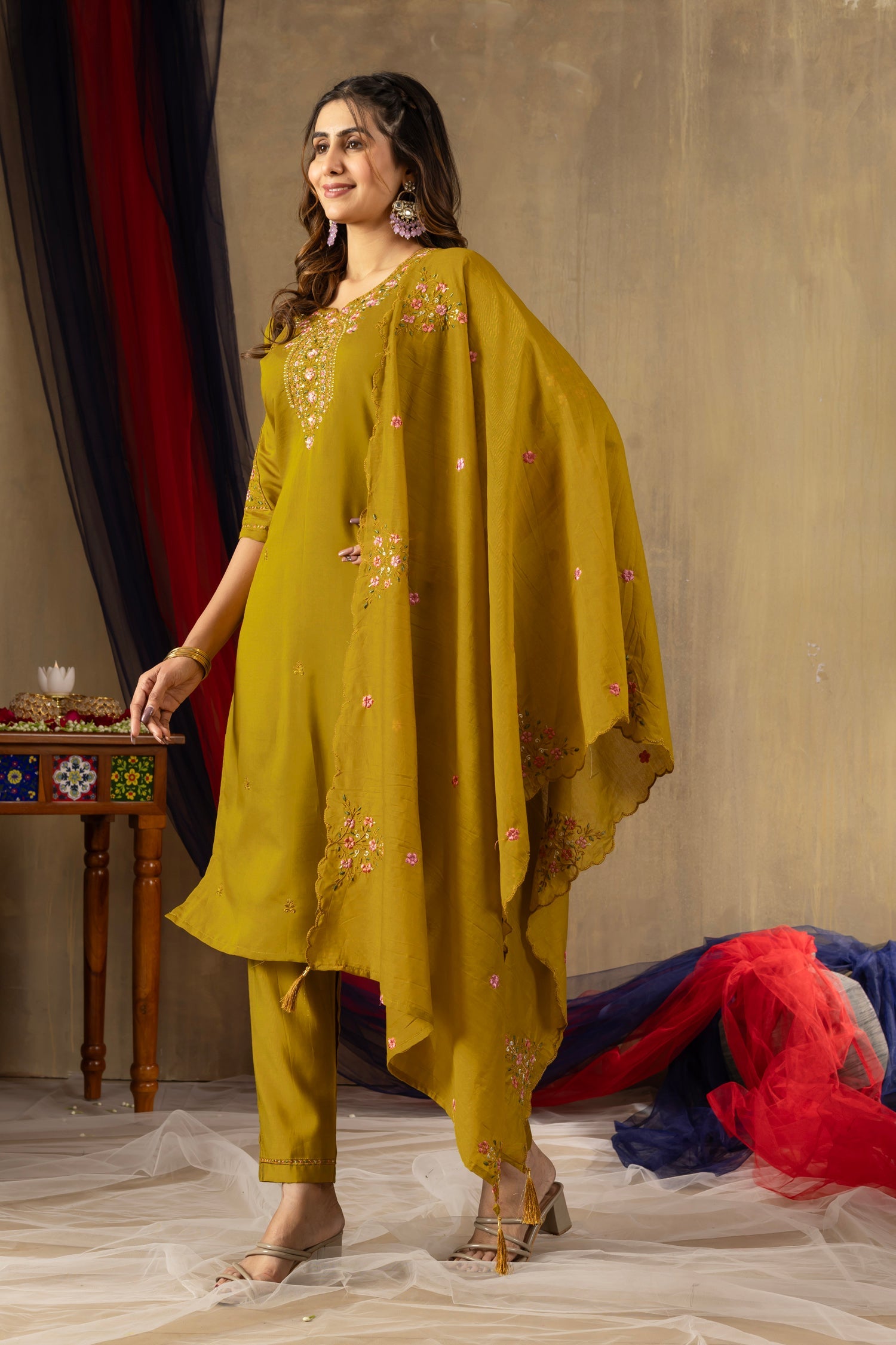 Lorenvalley Fashion Mustard Roman Silk Embroidery Sequins with Hand work Kurta Pant Dupatta - Distacart