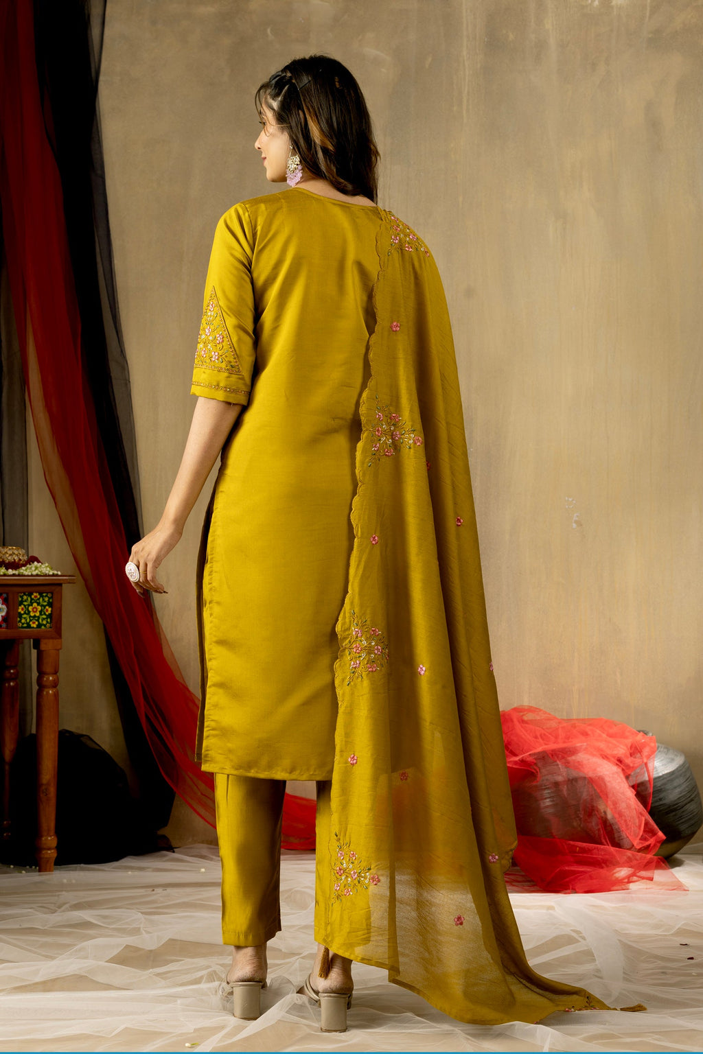 Lorenvalley Fashion Mustard Roman Silk Embroidery Sequins with Hand work Kurta Pant Dupatta - Distacart