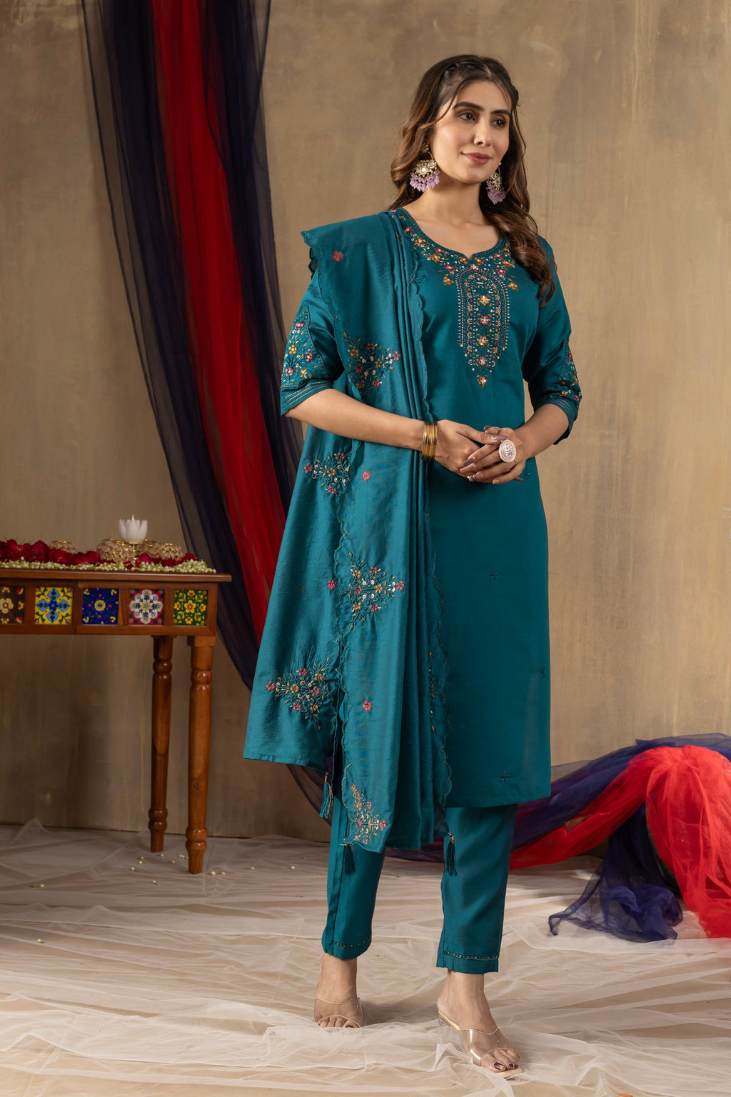 Lorenvalley Fashion Rama Roman Silk Embroidery Sequins with Hand work Kurta Pant Dupatta - Distacart