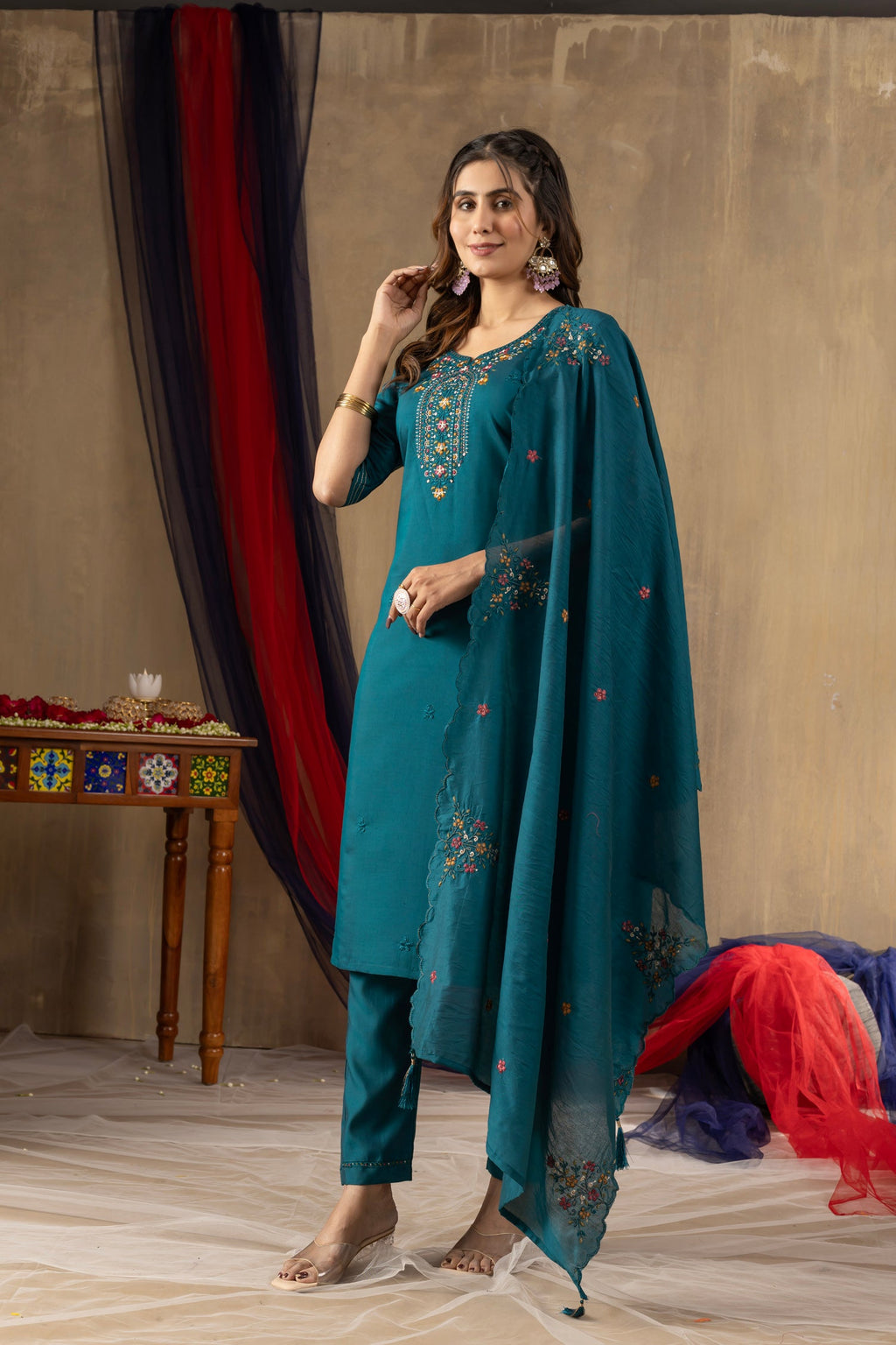 Lorenvalley Fashion Rama Roman Silk Embroidery Sequins with Hand work Kurta Pant Dupatta - Distacart