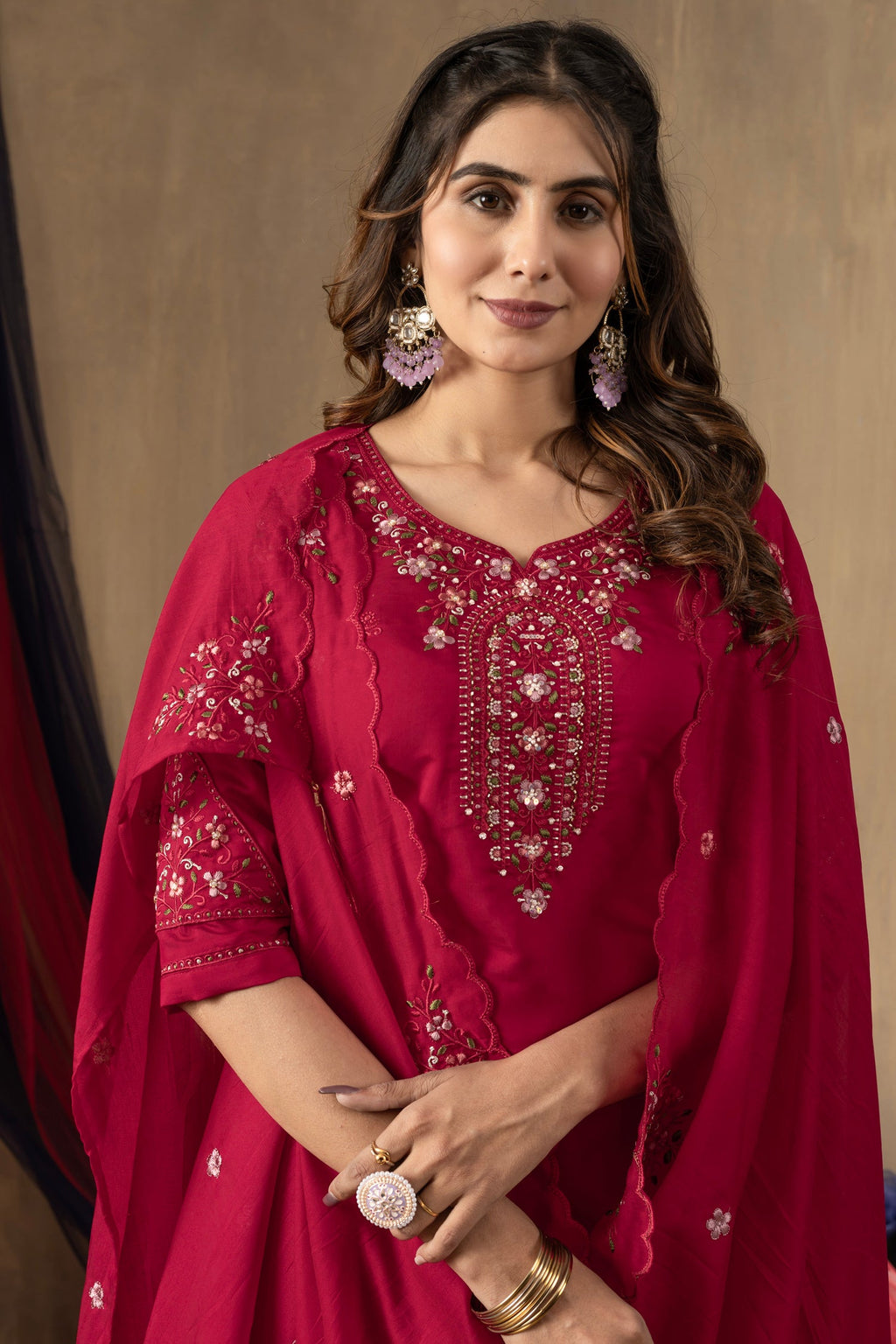 Lorenvalley Fashion Ranipink Roman Silk Embroidery Sequins with Hand work Kurta Pant Dupatta - Distacart