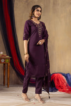 Lorenvalley Fashion Wine Roman Silk Embroidery Sequins with Hand work Kurta Pant Dupatta - Distacart